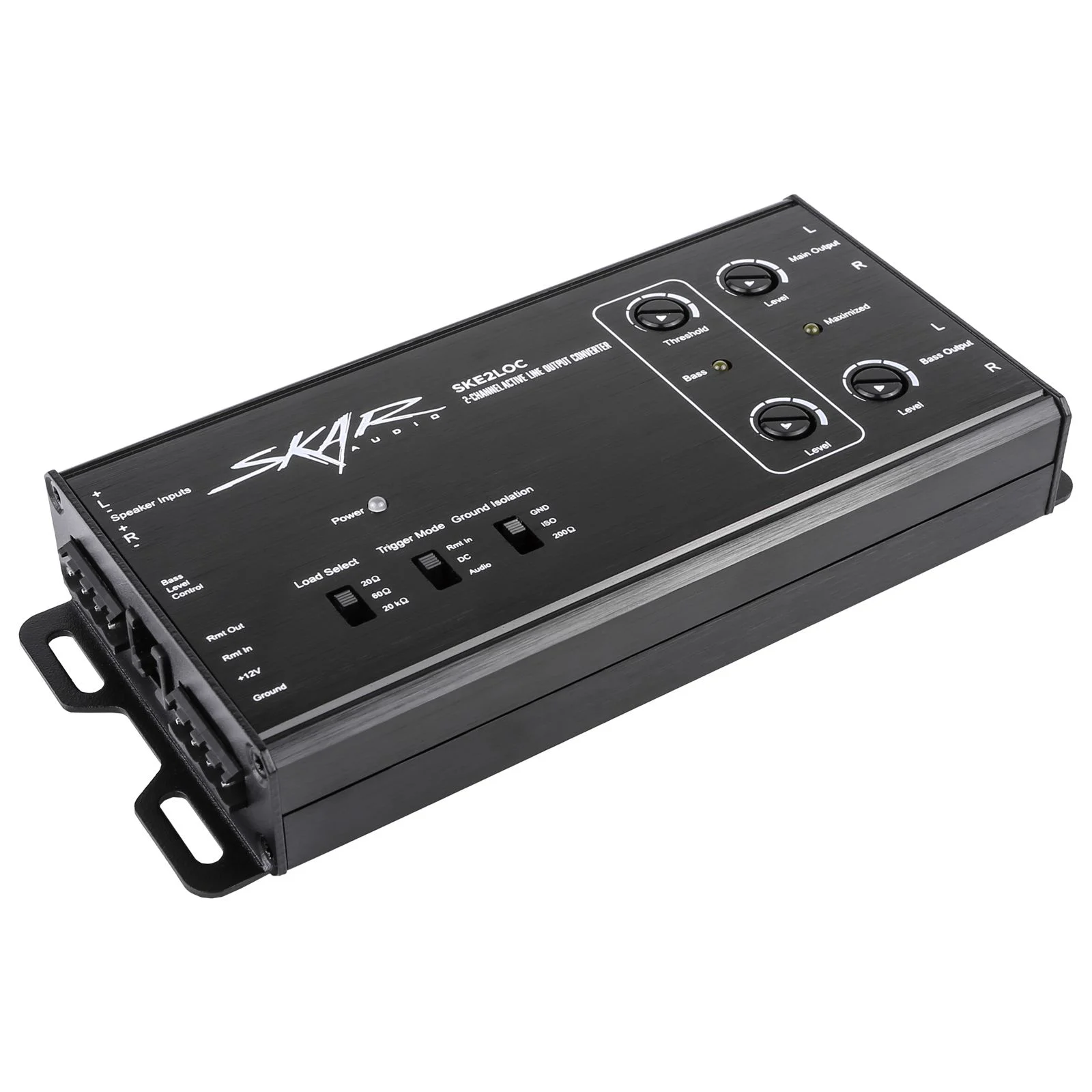 SKE2LOC labels for left and right speaker inputs, Rmt Out, Rmt In, +12V, Ground, Load Select, Trigger Mode, Ground Isolation, and output-level controls